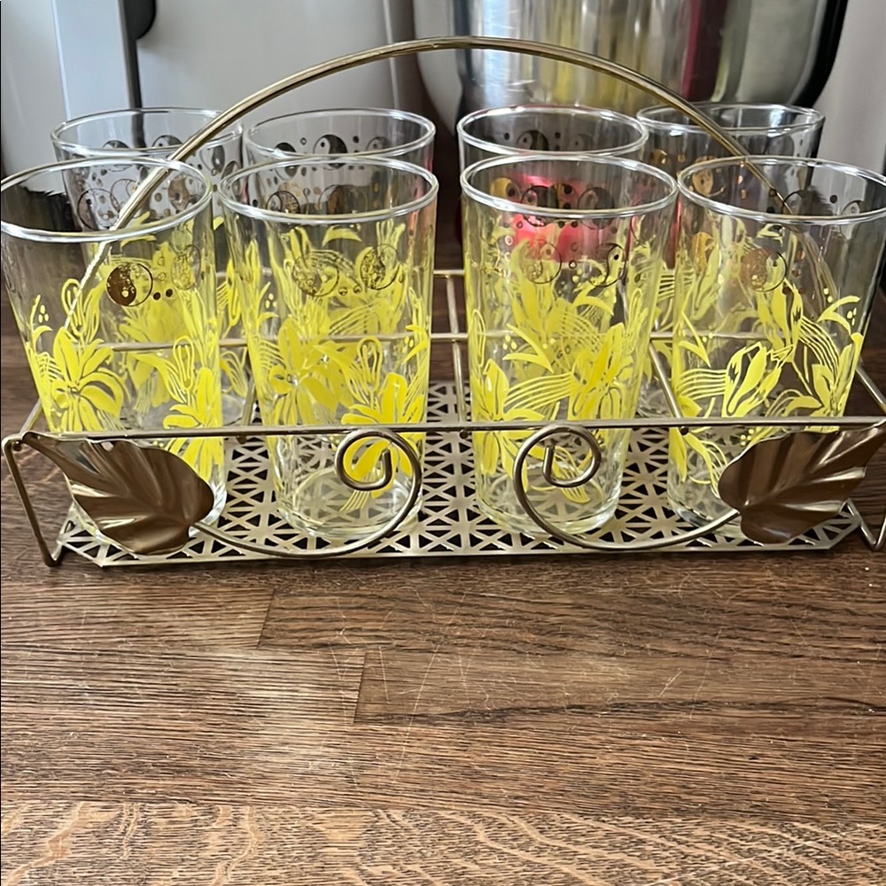 Elegant Yellow Floral Glass Set with Gold Holder